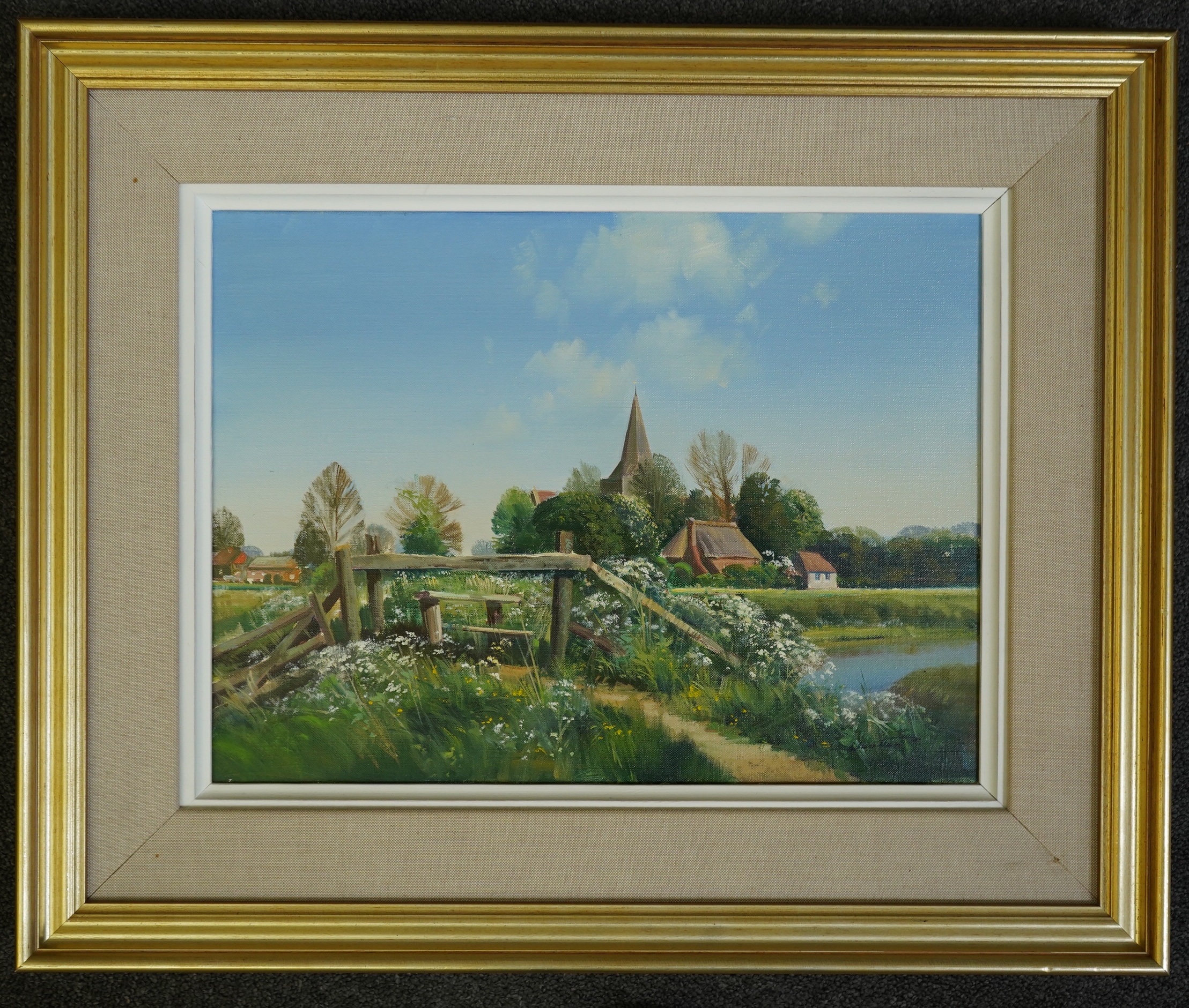 Frank Wootton (English, 1914-1998), Coombe House, Alfriston Church, oil on canvas, 30 x 41cm